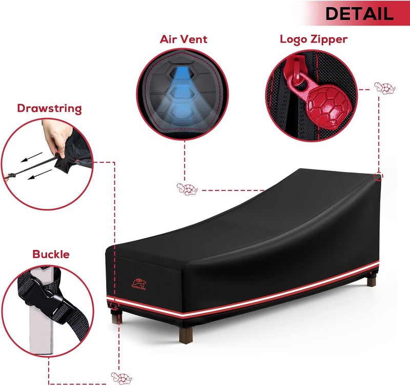 Turtle Life Patio Lounge Chair Cover Waterproof Heavy Duty Outdoor Chaise Lounge Covers with Upgrade Air Vent, 1 Pack - 64L x 30W x 30H inch, Black - Image 4